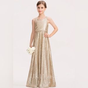 A-line Scoop Floor-Length Sequin Junior Bridesmaid Dress sz 6